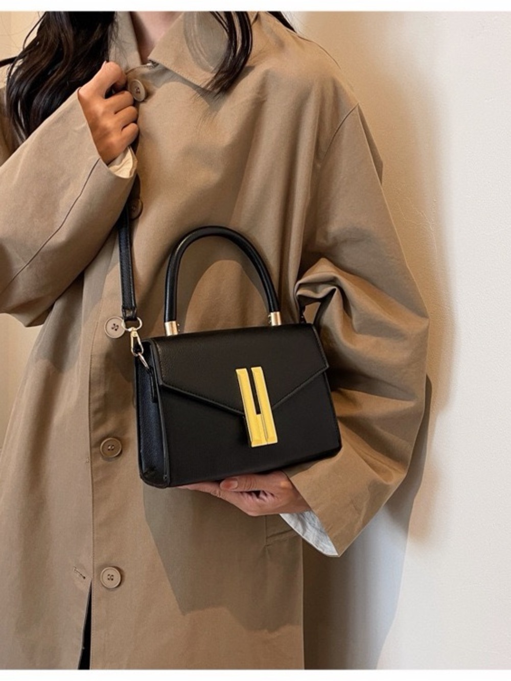 Black Top-Handle Satchel with Gold Accent